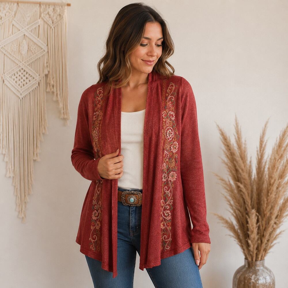 Roper Dust Red Embroidered Open Front Cardigan Sz M